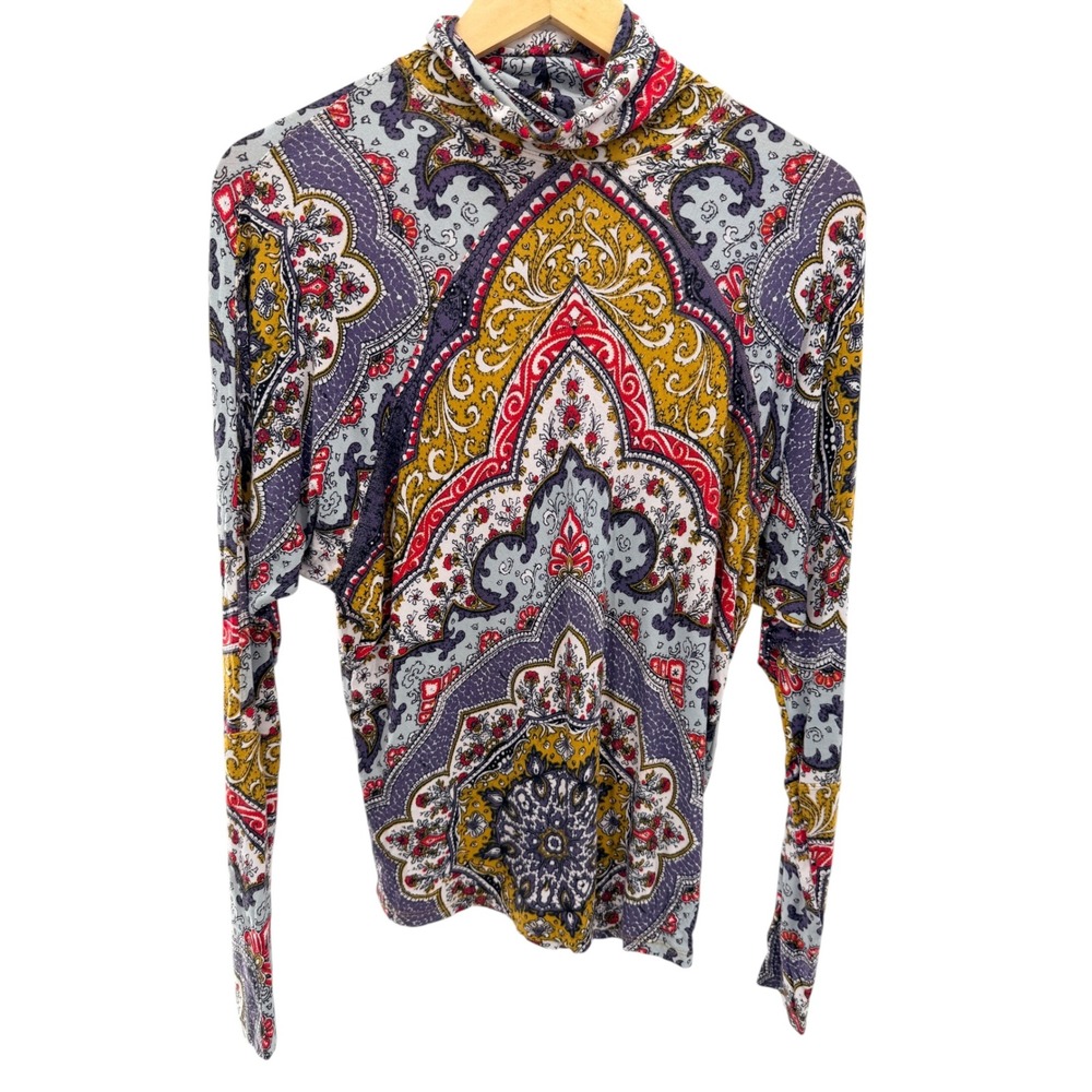 Free People Chase Me Long Sleeve Paisley Mockneck Top Size XS Multicolor Boho